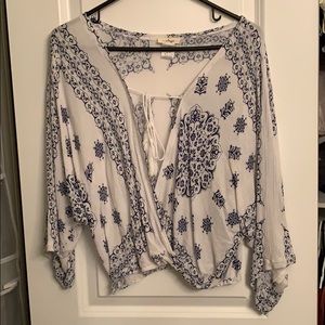 Blue and white “peasant” crop top blouse
